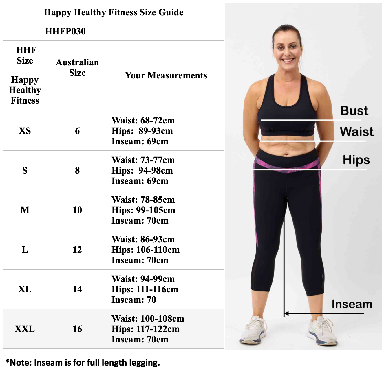 Legging size and measurement guide